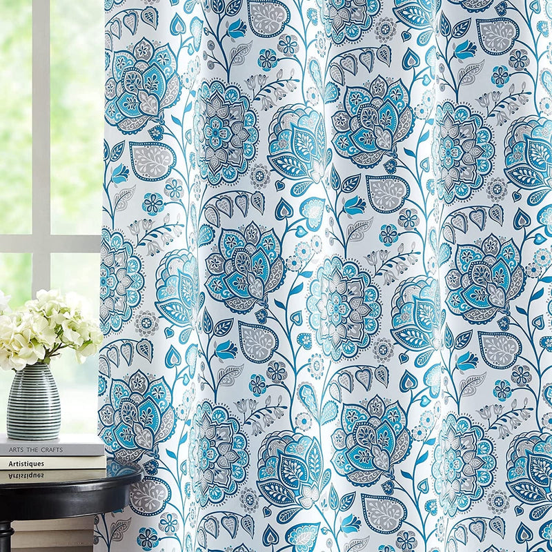 White Grey Blackout Curtains for Bedroom 84 Inch Length Floral Printed Living Room Curtain Panels for Farmhouse Décor Blossom Thermal Energy Efficient Light Blocking Window Curtain 50"W 2Pcs Home & Garden > Decor > Window Treatments > Curtains & Drapes FMFUNCTEX Jacobean/ Blue 50"W x 84"L 