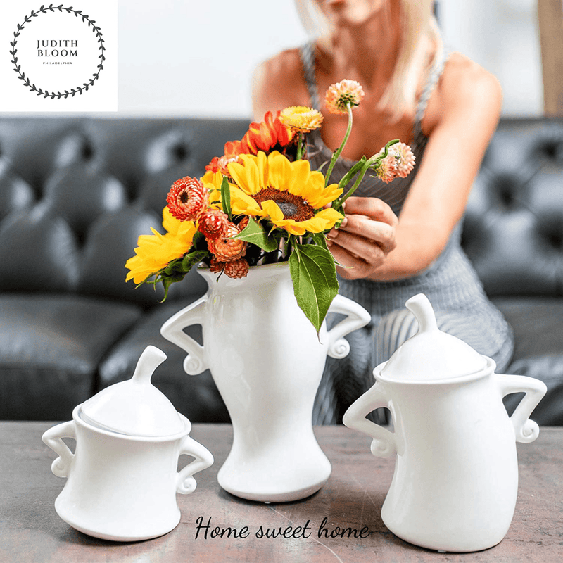 White Kitchen Canisters & White Vases for Decor– Woman Power - Tall Flower Vase with Coffee and Sugar Canister Set with Lid – Elegant and Classy Design - 3 Pieces Home & Garden > Decor > Vases JUDITH BLOOM   