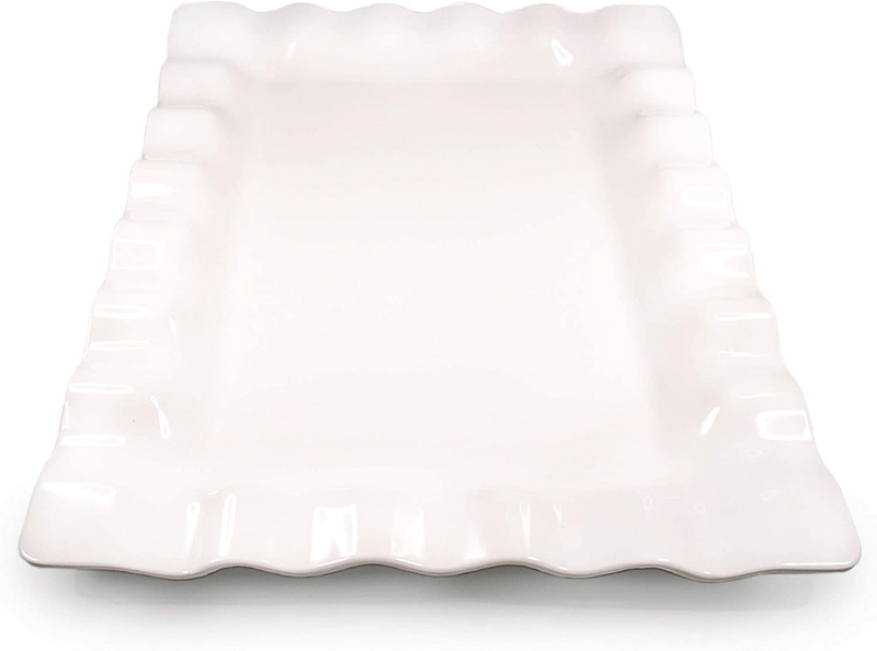 White Melamine Scalloped Serving Platter - Beautiful but Safe Turkey Platter Serving Tray - White Rectangle Platter - Shatterproof and Safe for Dishwasher and Microwave - 19" x 14 1/4"