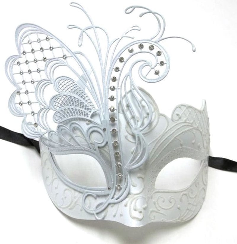 White Metal Filigree Wedding Dance Crystal Butterfly Masquerade Party Mask