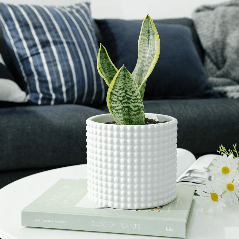 White Planter Pots for Plants Indoor - 6.1 Inch Ceramic Vintage-Style Hobnail Textured Flower Pot with Drainage Hole for Modern Home Decor(POTEY 055102, Plants NOT Included)