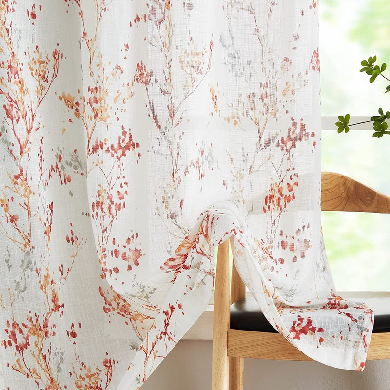 White Semi Sheers Curtains with Red Orange Tree Branch Print Pattern Window Curtains for Living-Room 84" Grommet Top Privacy Curtain Drapes Watercolor Design Curtain Panels 2 Pcs Home & Garden > Decor > Window Treatments > Curtains & Drapes Treatmentex Red/Orange 52" x 84" 