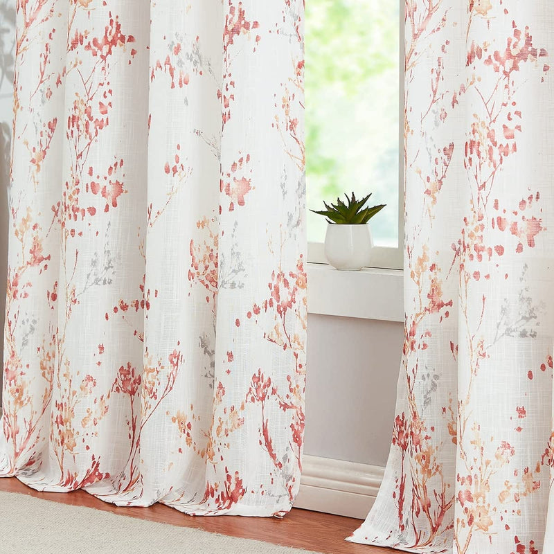 White Semi Sheers Curtains with Red Orange Tree Branch Print Pattern Window Curtains for Living-Room 84" Grommet Top Privacy Curtain Drapes Watercolor Design Curtain Panels 2 Pcs Home & Garden > Decor > Window Treatments > Curtains & Drapes Treatmentex Red/Orange 52" x 95" 