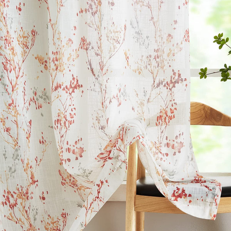 White Semi Sheers Curtains with Red Orange Tree Branch Print Pattern Window Curtains for Living-Room 84" Grommet Top Privacy Curtain Drapes Watercolor Design Curtain Panels 2 Pcs Home & Garden > Decor > Window Treatments > Curtains & Drapes Treatmentex Red/Orange 52" x 63" 