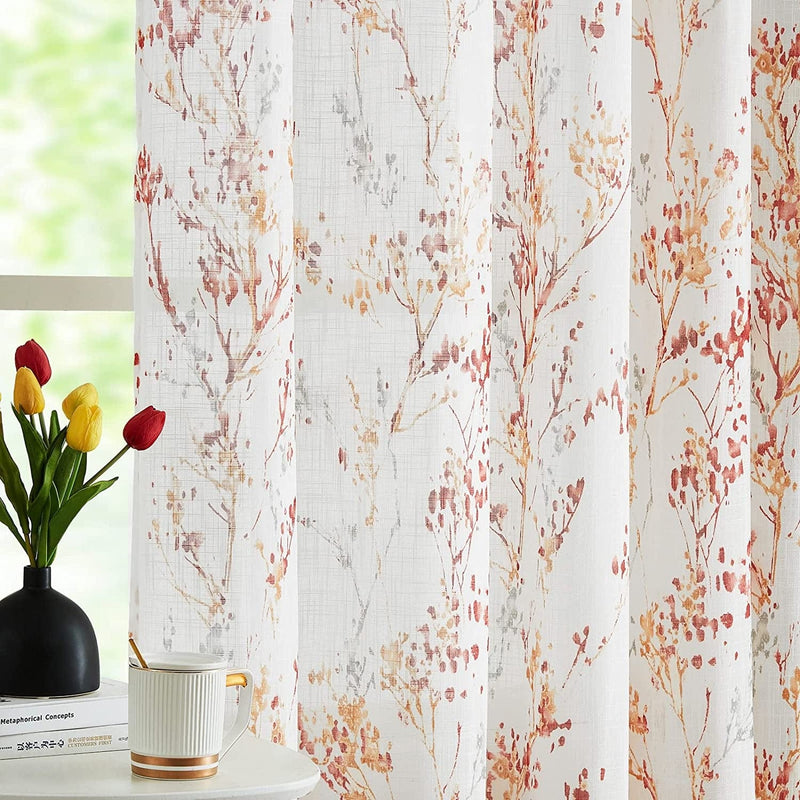 White Semi Sheers Curtains with Red Orange Tree Branch Print Pattern Window Curtains for Living-Room 84" Grommet Top Privacy Curtain Drapes Watercolor Design Curtain Panels 2 Pcs Home & Garden > Decor > Window Treatments > Curtains & Drapes Treatmentex   