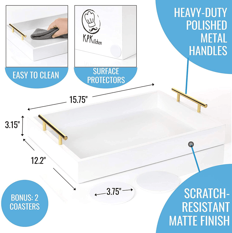 White Serving Tray with Handles in Gold - 2 White Wood Coasters - 15.75''x12.2'' - Wooden Decorative Coffee Table Tray - Matte Finish - Ottoman Tray Decor - Decorative Trays for Coffee Table Home & Garden > Decor > Decorative Trays KPKitchen   