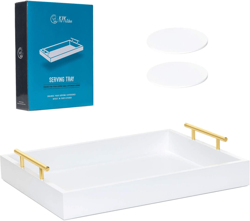 White Serving Tray with Handles in Gold - 2 White Wood Coasters - 15.75''x12.2'' - Wooden Decorative Coffee Table Tray - Matte Finish - Ottoman Tray Decor - Decorative Trays for Coffee Table Home & Garden > Decor > Decorative Trays KPKitchen Default Title  