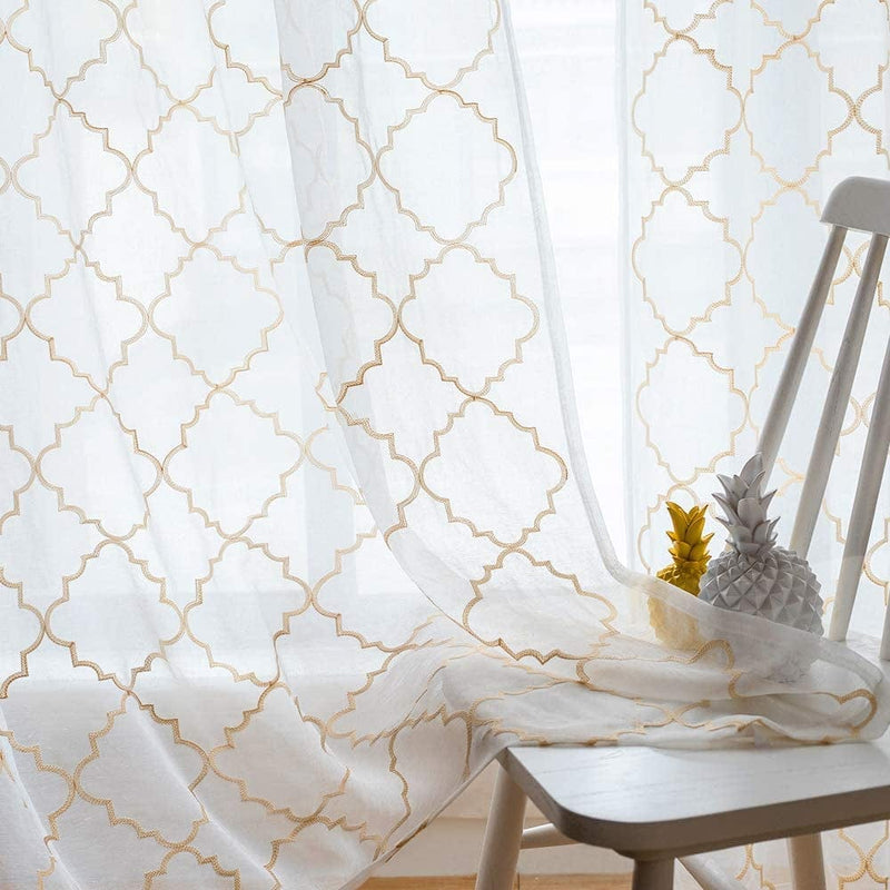 White Sheer Curtains 84 Inches Long, Rod Pocket Sheer Drapes for Living Room, Bedroom, 2 Panels, 52"X84", Embroidered Moroccan Tile Lattice Design Semi Voile Window Treatments for Yard, Patio, Villa. Home & Garden > Decor > Window Treatments > Curtains & Drapes MYSTIC-HOME Trellis Beige 52"Wx63"L 