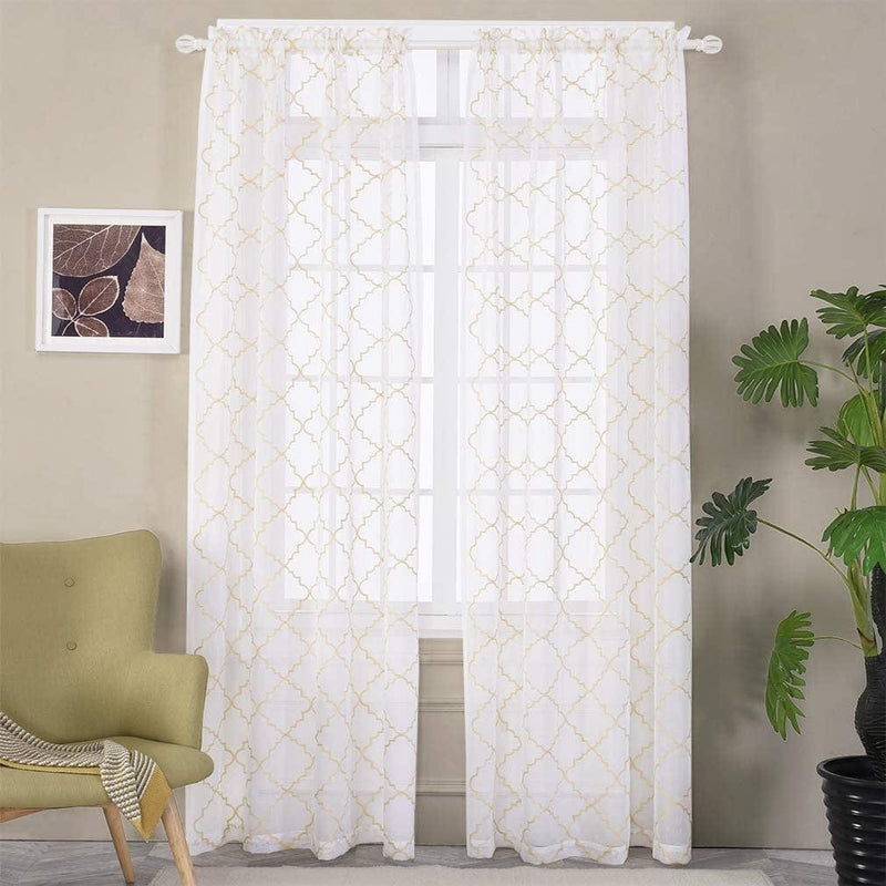 White Sheer Curtains 84 Inches Long, Rod Pocket Sheer Drapes for Living Room, Bedroom, 2 Panels, 52"X84", Embroidered Moroccan Tile Lattice Design Semi Voile Window Treatments for Yard, Patio, Villa. Home & Garden > Decor > Window Treatments > Curtains & Drapes MYSTIC-HOME Trellis Beige 52"Wx84"L 