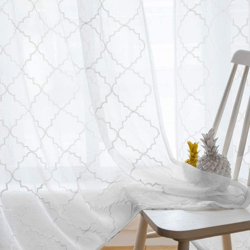 White Sheer Curtains 84 Inches Long, Rod Pocket Sheer Drapes for Living Room, Bedroom, 2 Panels, 52"X84", Embroidered Moroccan Tile Lattice Design Semi Voile Window Treatments for Yard, Patio, Villa. Home & Garden > Decor > Window Treatments > Curtains & Drapes MYSTIC-HOME Trellis White 52"Wx84"L 