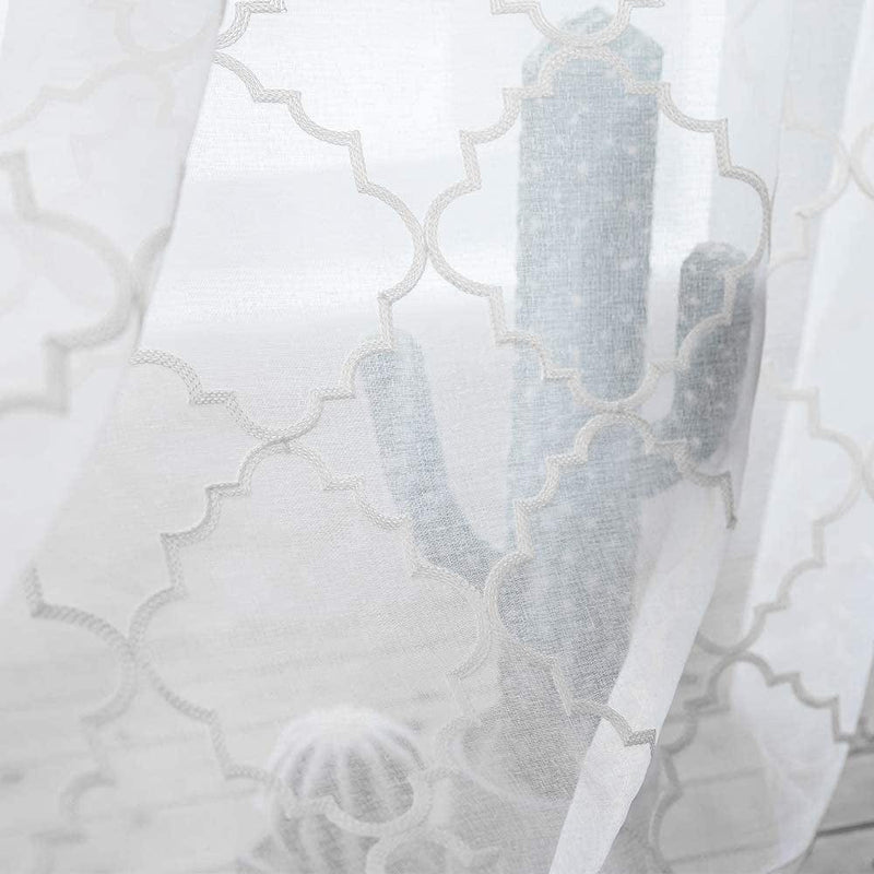 White Sheer Curtains 84 Inches Long, Rod Pocket Sheer Drapes for Living Room, Bedroom, 2 Panels, 52"X84", Embroidered Moroccan Tile Lattice Design Semi Voile Window Treatments for Yard, Patio, Villa. Home & Garden > Decor > Window Treatments > Curtains & Drapes MYSTIC-HOME   