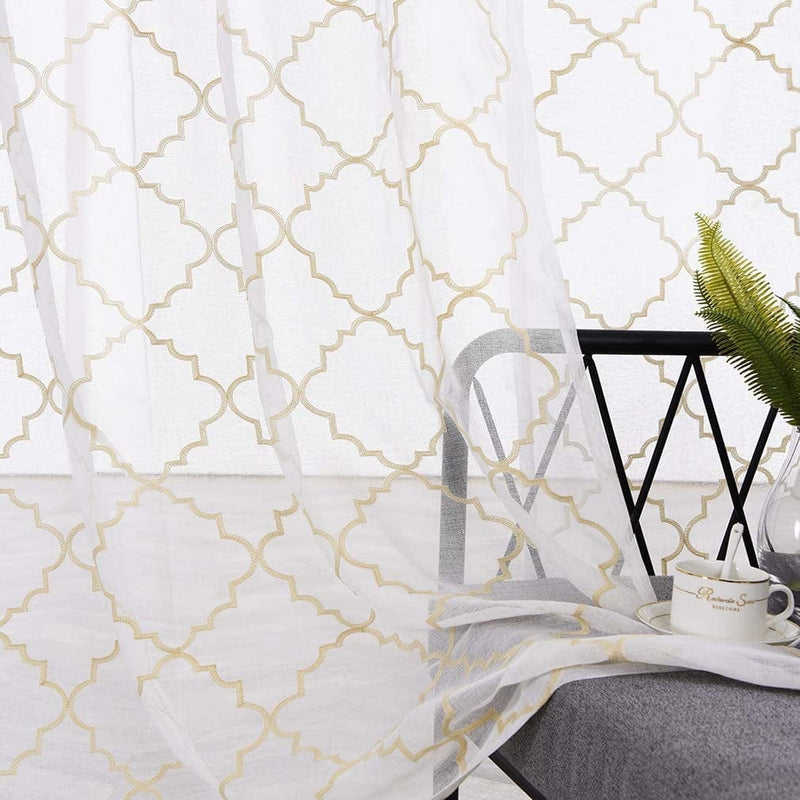 White Sheer Curtains 84 Inches Long, Rod Pocket Sheer Drapes for Living Room, Bedroom, 2 Panels, 52"X84", Embroidered Moroccan Tile Lattice Design Semi Voile Window Treatments for Yard, Patio, Villa. Home & Garden > Decor > Window Treatments > Curtains & Drapes MYSTIC-HOME Trellis Beige 52"Wx95"L 