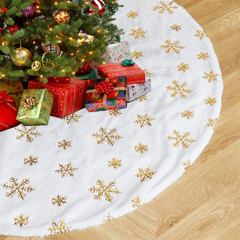 White Tree Skirt Faux Fur Rose Gold Sequin Tree Skirt Christmas Decoration 24/36/48Inch Double Layers Treecovers Shiny Tree Floor Mats Fireplace Tree Skirts Fluffy Tree Skirt (24Inch,Silver Snowflake) Home & Garden > Decor > Seasonal & Holiday Decorations > Christmas Tree Skirts Baumaty 48" Gold Snowflake 