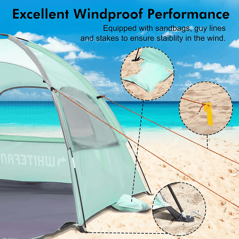 Whitefang Beach Tent Anti-Uv Portable Sun Shade Shelter for 3 Person, Extendable Floor with 3 Ventilating Mesh Windows plus Carrying Bag, Stakes and Guy Lines (Mint Green)
