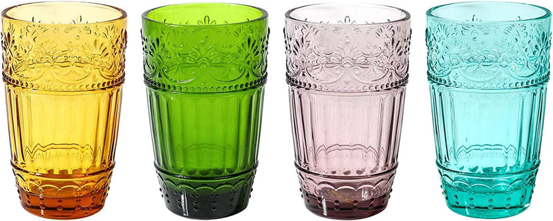 WHOLE HOUSEWARES | Vintage Glass Tumblers | Set of 4 Drinking Glasses | 11Oz Embossed Design | Drinking Cups for Water, Iced Tea, Juice (Multi-Color) Home & Garden > Kitchen & Dining > Tableware > Drinkware WHOLE HOUSEWARES Multicolor  