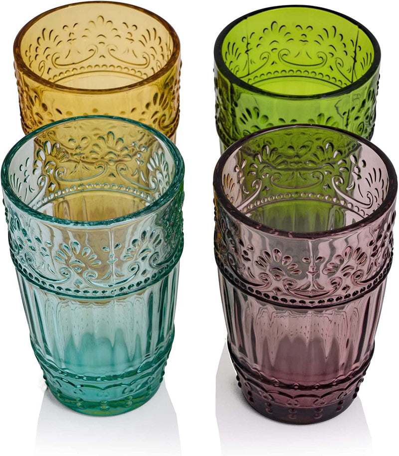 WHOLE HOUSEWARES | Vintage Glass Tumblers | Set of 4 Drinking Glasses | 11Oz Embossed Design | Drinking Cups for Water, Iced Tea, Juice (Multi-Color) Home & Garden > Kitchen & Dining > Tableware > Drinkware WHOLE HOUSEWARES   