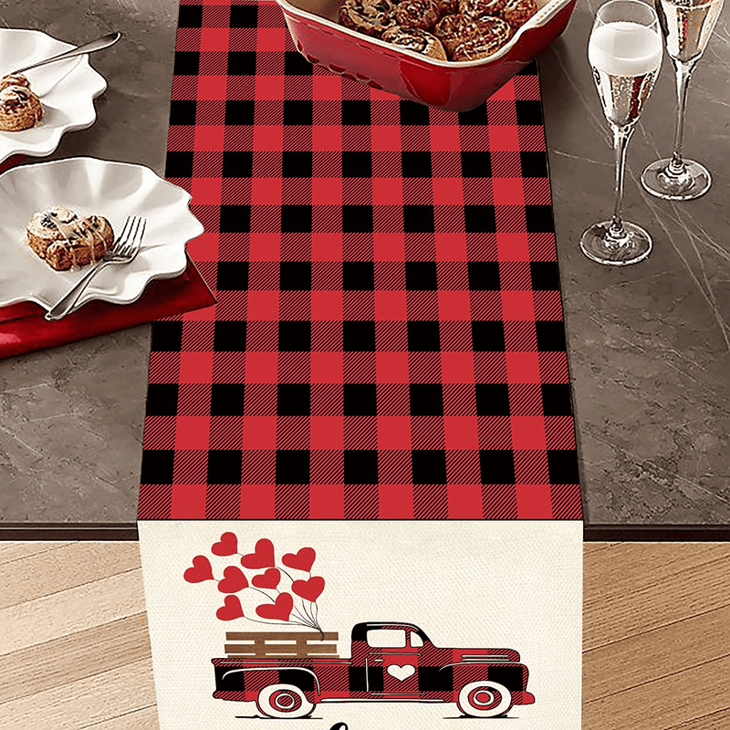 WHOMEAF Valentine Day Red Truck Table Runner Buffalo Check Plaid Love Heart Dinging Table Runner Seasonal Holiday Anniversary Wedding Kitchen Dining Table Decoration for Home Party Decor 13 X 72 Inch Home & Garden > Decor > Seasonal & Holiday Decorations WHOMEAF   