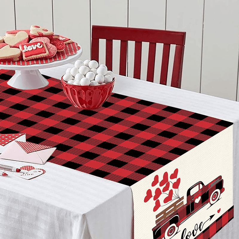 WHOMEAF Valentine Day Red Truck Table Runner Buffalo Check Plaid Love Heart Dinging Table Runner Seasonal Holiday Anniversary Wedding Kitchen Dining Table Decoration for Home Party Decor 13 X 72 Inch Home & Garden > Decor > Seasonal & Holiday Decorations WHOMEAF   