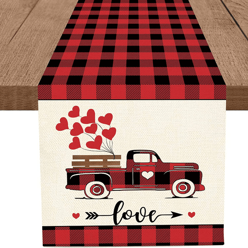 WHOMEAF Valentine Day Red Truck Table Runner Buffalo Check Plaid Love Heart Dinging Table Runner Seasonal Holiday Anniversary Wedding Kitchen Dining Table Decoration for Home Party Decor 13 X 72 Inch Home & Garden > Decor > Seasonal & Holiday Decorations WHOMEAF 13 x 108 Inch  
