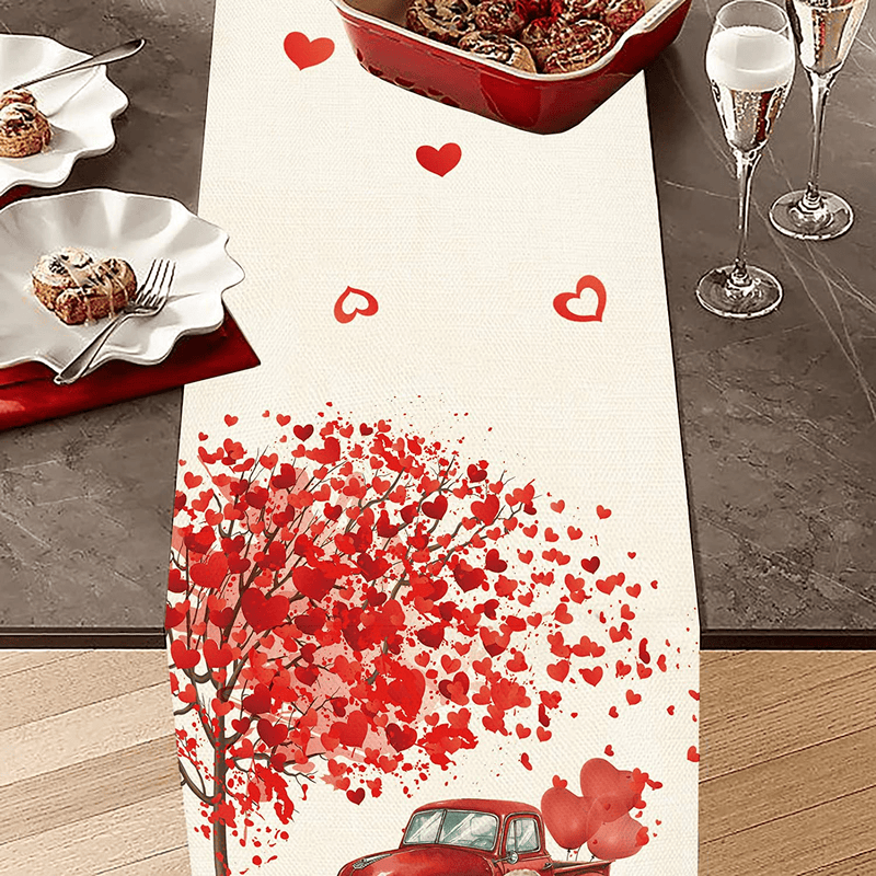WHOMEAF Valentine Day Red Truck Table Runner Tree with Love Heart Dinging Table Runner Seasonal Holiday Anniversary Wedding Kitchen Dining Table Decoration for Home Party Decor 13 X 72 Inch Home & Garden > Decor > Seasonal & Holiday Decorations WHOMEAF   
