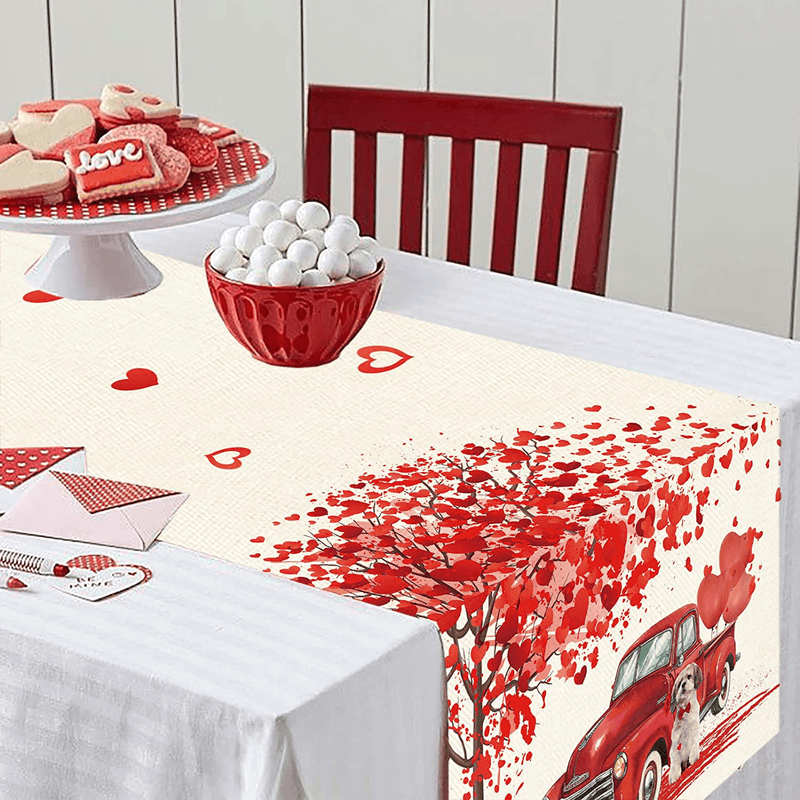 WHOMEAF Valentine Day Red Truck Table Runner Tree with Love Heart Dinging Table Runner Seasonal Holiday Anniversary Wedding Kitchen Dining Table Decoration for Home Party Decor 13 X 72 Inch Home & Garden > Decor > Seasonal & Holiday Decorations WHOMEAF   