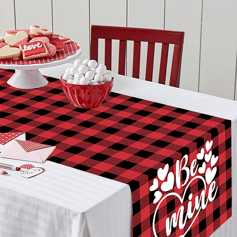 WHOMEAF Valentine Day Table Runner Buffalo Check Plaid Be Mine Dining Table Runner Seasonal Holiday Love Heart Anniversary Wedding Kitchen Dining Table Decoration for Home Party Decor 13 X 72 Inch Home & Garden > Decor > Seasonal & Holiday Decorations WHOMEAF   
