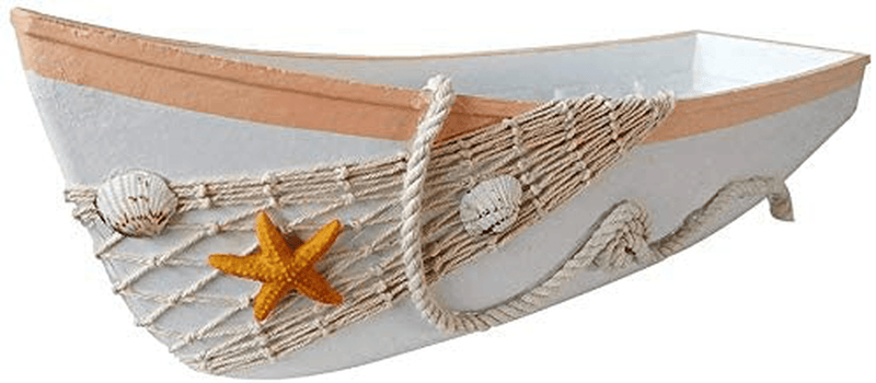 WHY Decor White Wooden Boat Tray Decor with Starfish Shells Net Rope Decorative Nautical Boat Ornament Decor Wood Boat Tray Decorations Beach Theme Home Bathroom Decor 16.9“ Home & Garden > Decor > Decorative Trays WHY Decor Default Title  