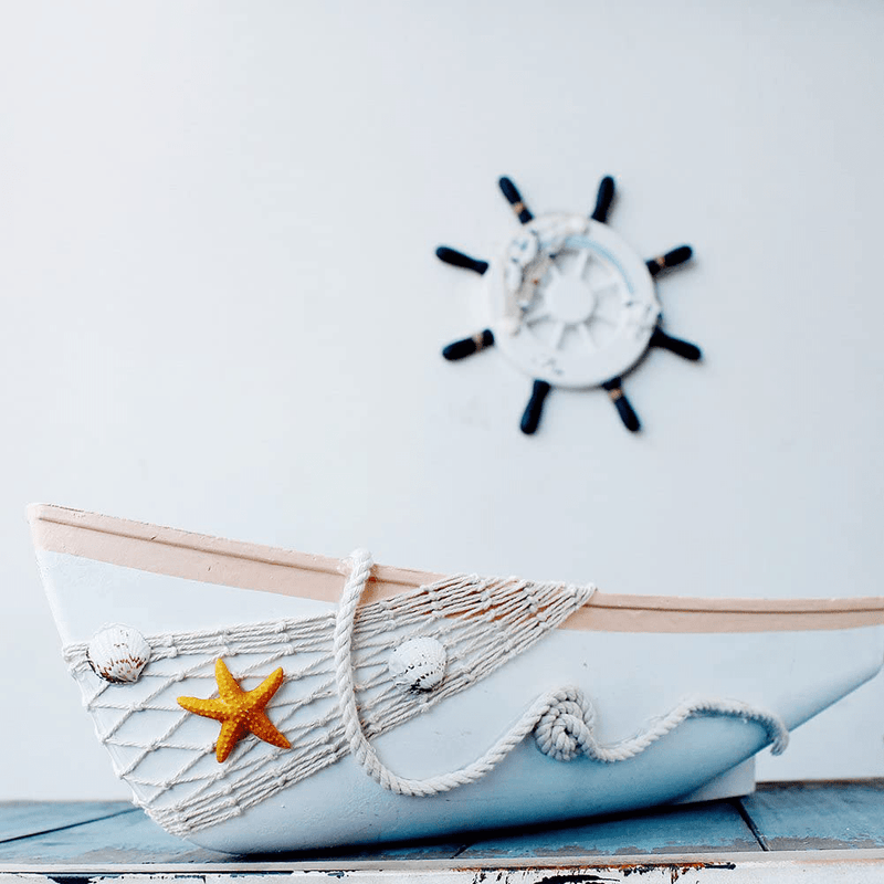 WHY Decor White Wooden Boat Tray Decor with Starfish Shells Net Rope Decorative Nautical Boat Ornament Decor Wood Boat Tray Decorations Beach Theme Home Bathroom Decor 16.9“ Home & Garden > Decor > Decorative Trays WHY Decor   