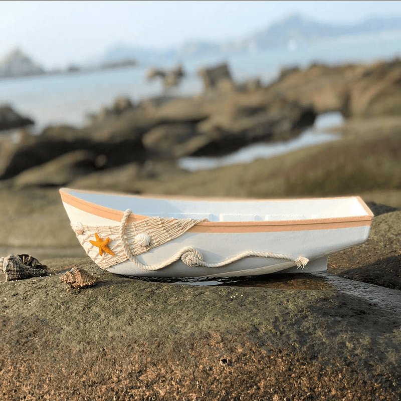 WHY Decor White Wooden Boat Tray Decor with Starfish Shells Net Rope Decorative Nautical Boat Ornament Decor Wood Boat Tray Decorations Beach Theme Home Bathroom Decor 16.9“
