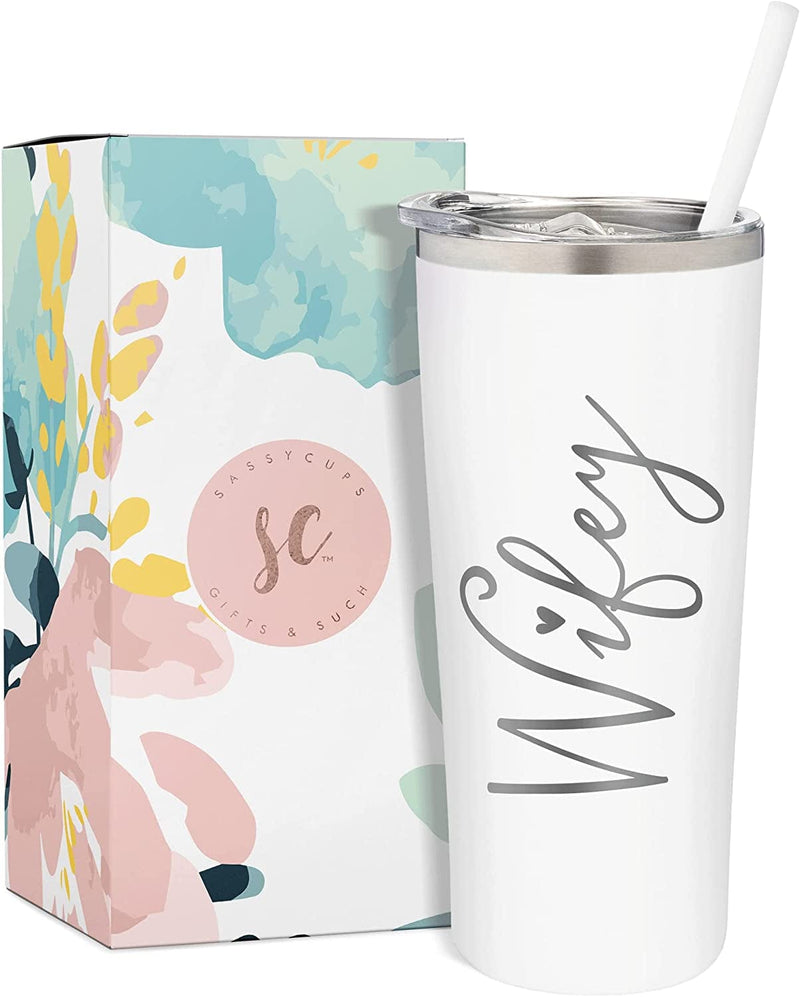 Wifey Tumbler | 22 Ounce White Engraved Stainless Steel Insulated Tumbler with Slide Close Lid and Straw | Bridal Shower | Bride to Be Gifts | Engagement Gift | Valentine'S Day Gifts Home & Garden > Kitchen & Dining > Tableware > Drinkware SassyCups White (Silver 22.0 ounces 