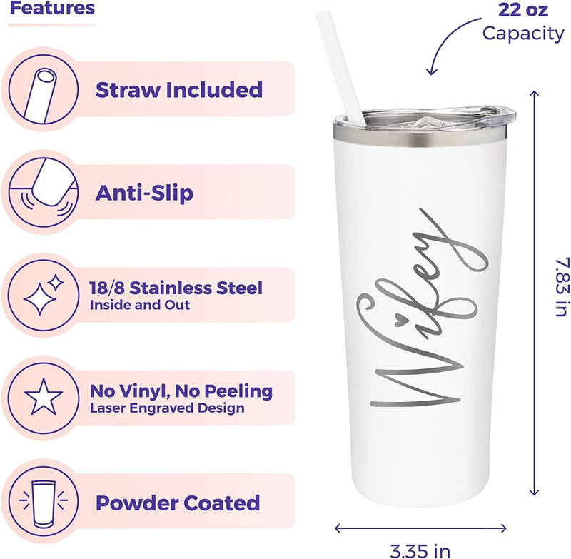 Wifey Tumbler | 22 Ounce White Engraved Stainless Steel Insulated Tumbler with Slide Close Lid and Straw | Bridal Shower | Bride to Be Gifts | Engagement Gift | Valentine'S Day Gifts Home & Garden > Kitchen & Dining > Tableware > Drinkware SassyCups   