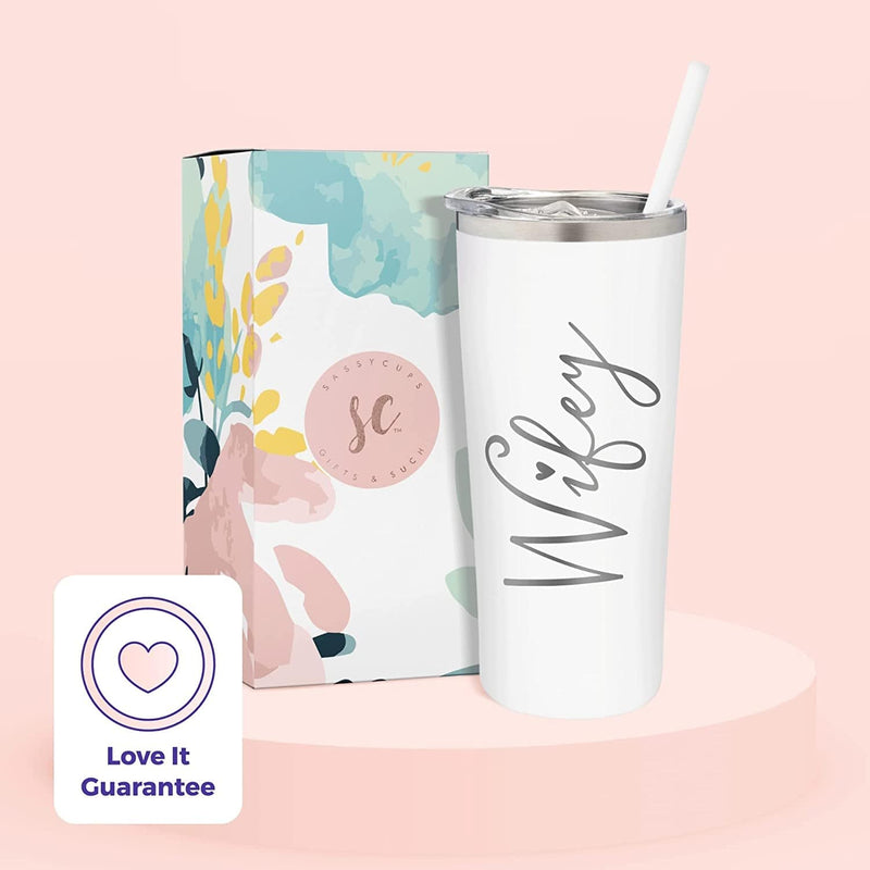 Wifey Tumbler | 22 Ounce White Engraved Stainless Steel Insulated Tumbler with Slide Close Lid and Straw | Bridal Shower | Bride to Be Gifts | Engagement Gift | Valentine'S Day Gifts