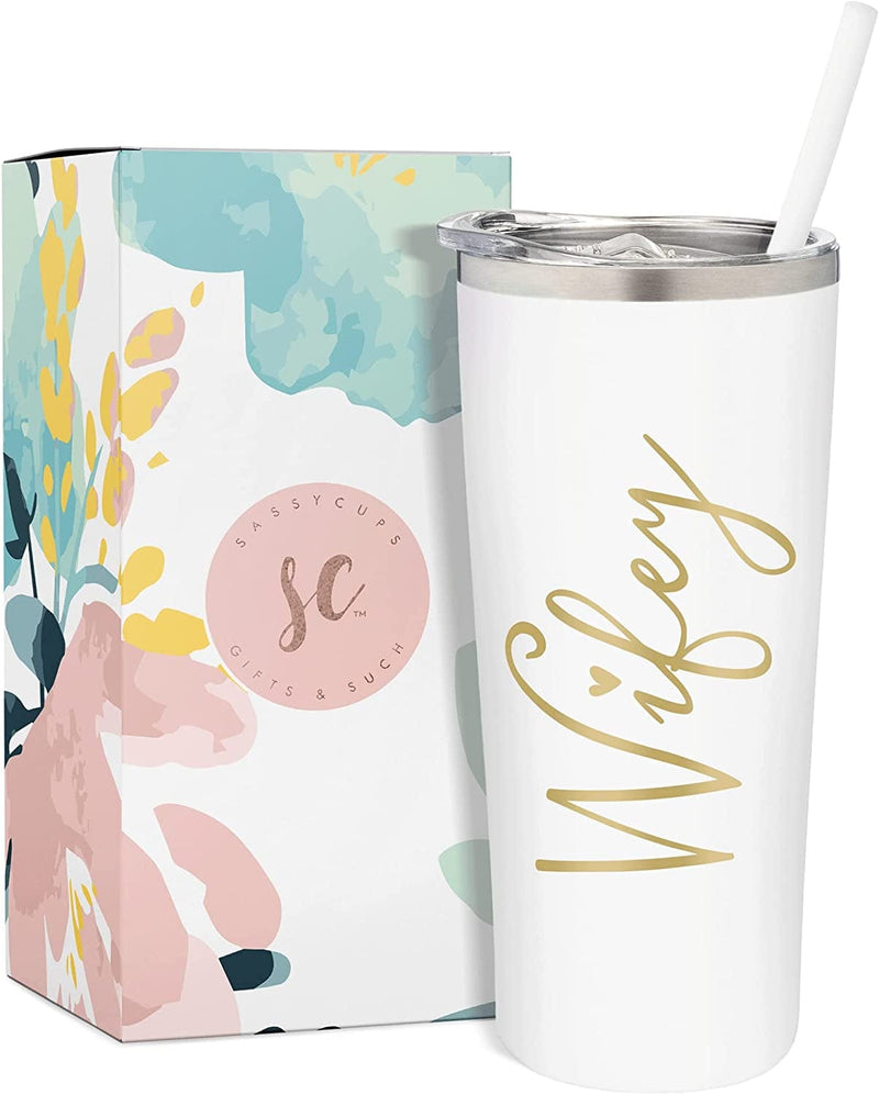 Wifey Tumbler | 22 Ounce White Engraved Stainless Steel Insulated Tumbler with Slide Close Lid and Straw | Bridal Shower | Bride to Be Gifts | Engagement Gift | Valentine'S Day Gifts Home & Garden > Kitchen & Dining > Tableware > Drinkware SassyCups White (Gold) 22.0 ounces 