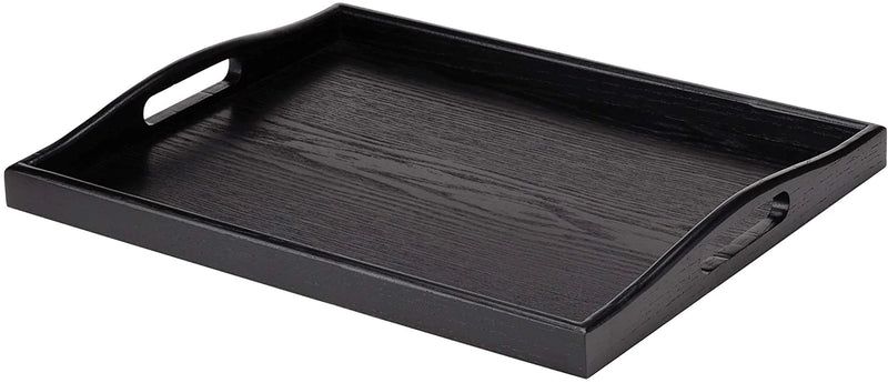 Wild Solutions Black Serving Tray Large Wood Rectangle Decorative Ottoman Food Butler Tray with Cutout Handles  - 17.7 in x 13.8 in x 1.8 in