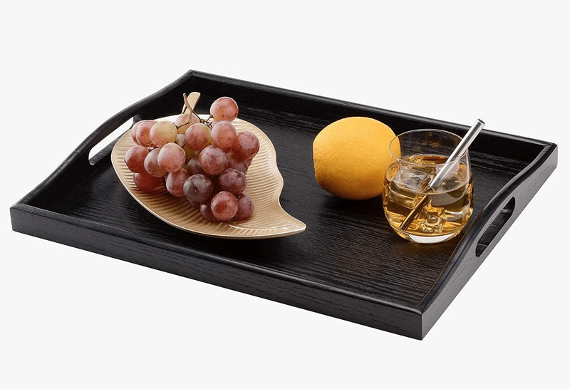 Wild Solutions Black Serving Tray Large Wood Rectangle Decorative Ottoman Food Butler Tray with Cutout Handles  - 17.7 in x 13.8 in x 1.8 in