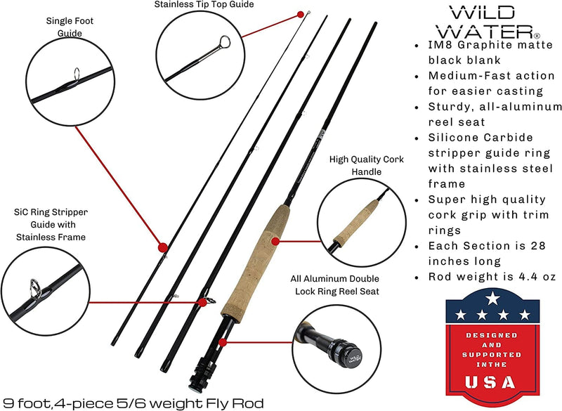 Wild Water Deluxe Fly Fishing Combo Starter Kit, 5 or 6 Weight 9 Foot Fly Rod, 4-Piece Graphite Rod with Cork Handle, Accessories, Die Cast Aluminum Reel, Carrying Case, Fly Box Case & Fishing Flies Sporting Goods > Outdoor Recreation > Fishing > Fishing Rods Wild Water   