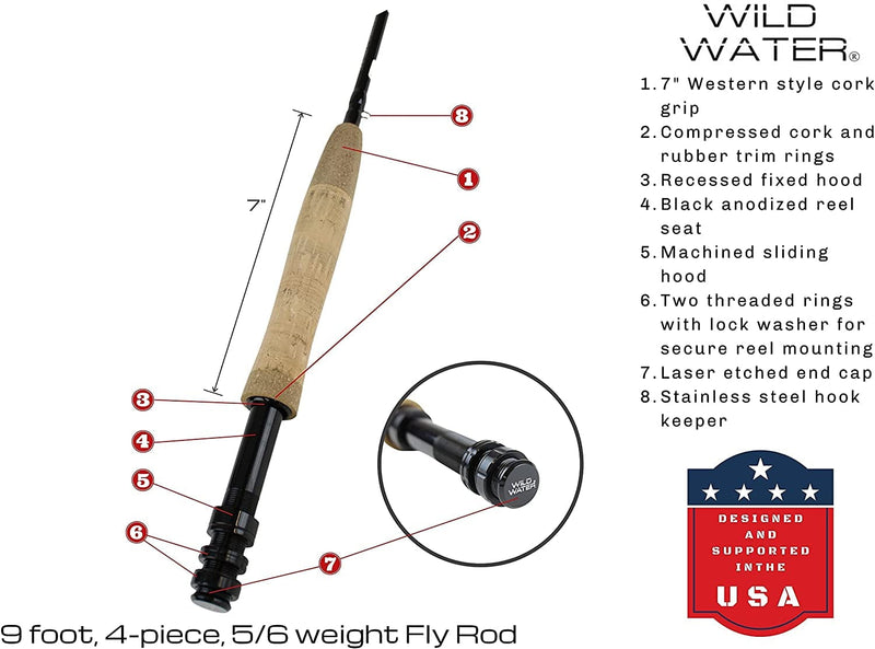 Wild Water Deluxe Fly Fishing Combo Starter Kit, 5 or 6 Weight 9 Foot Fly Rod, 4-Piece Graphite Rod with Cork Handle, Accessories, Die Cast Aluminum Reel, Carrying Case, Fly Box Case & Fishing Flies Sporting Goods > Outdoor Recreation > Fishing > Fishing Rods Wild Water   