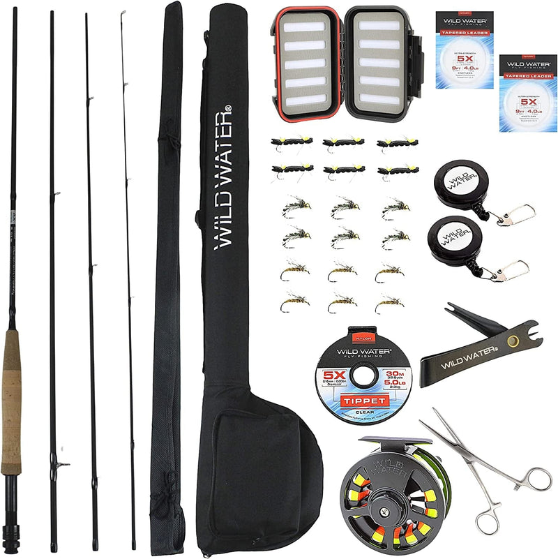 Wild Water Deluxe Fly Fishing Combo Starter Kit, 5 Weight 8 Foot Fly Rod, 4-Piece Graphite Rod with Cork Handle, Accessories, Die Cast Aluminum Reel, Carrying Case, Fly Box Case & Fishing Flies Sporting Goods > Outdoor Recreation > Fishing > Fishing Rods Wild Water   