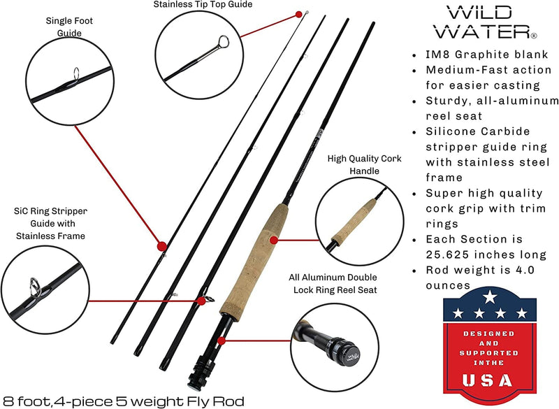 Wild Water Deluxe Fly Fishing Combo Starter Kit, 5 Weight 8 Foot Fly Rod, 4-Piece Graphite Rod with Cork Handle, Accessories, Die Cast Aluminum Reel, Carrying Case, Fly Box Case & Fishing Flies