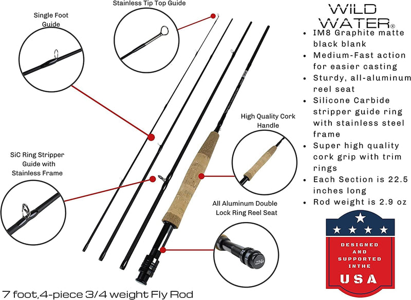 Wild Water Deluxe Fly Fishing Combo Starter Kit, 7-Foot Pole, 4-Piece Fly Rod Kit, 3/4 Weight, Fishing Accessories, Includes Die Cast Aluminum Reel and Hard Tube Case with Pouch, Fly Box and Flies