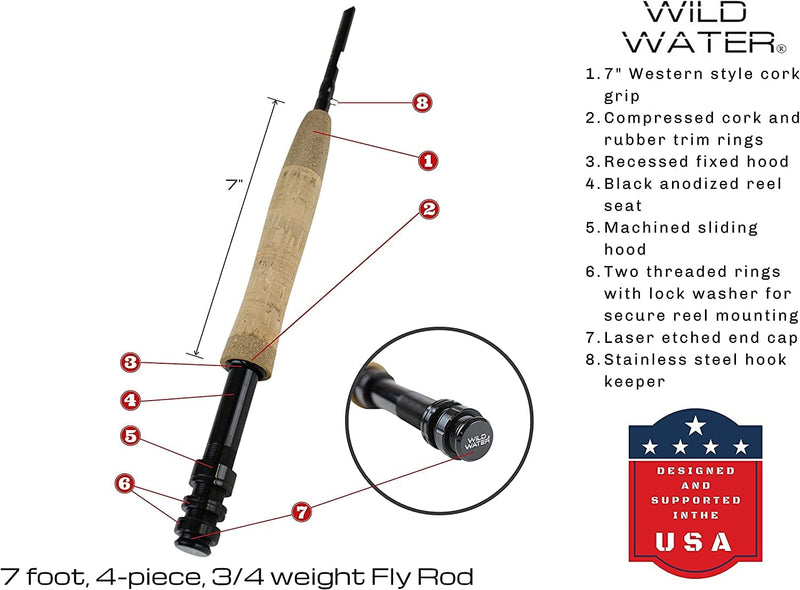 Wild Water Deluxe Fly Fishing Combo Starter Kit, 7-Foot Pole, 4-Piece Fly Rod Kit, 3/4 Weight, Fishing Accessories, Includes Die Cast Aluminum Reel and Hard Tube Case with Pouch, Fly Box and Flies