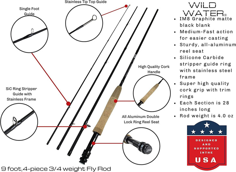Wild Water Fly Fishing 9 Foot, 4-Piece, 3/4 Weight Fly Rod Complete Fl