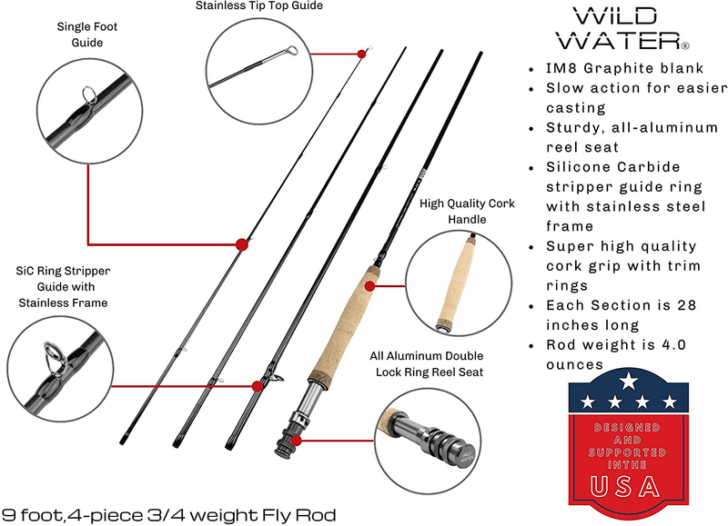 Wild Water Fly Fishing 9 Foot, 4-Piece, 3/4 Weight Fly Rod Deluxe Complete Fly Fishing Rod and Reel Combo Starter Package Sporting Goods > Outdoor Recreation > Fishing > Fishing Rods Wild Water   