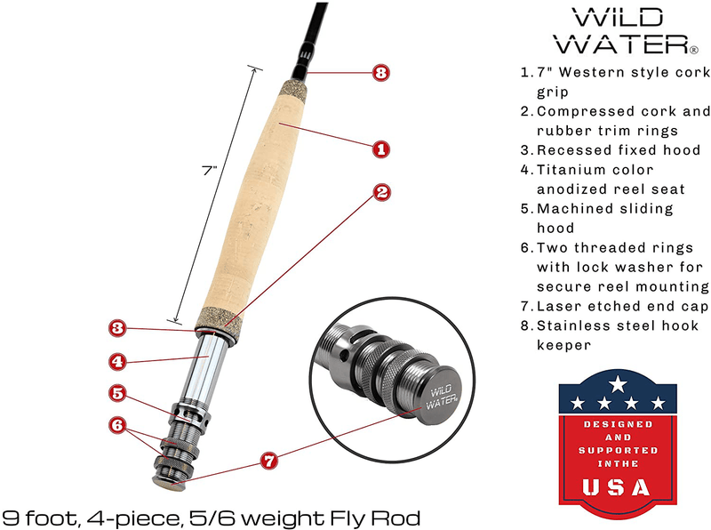 Wild Water Fly Fishing 9 Foot, 4-Piece, 5/6 Weight Fly Rod Complete Fly Fishing Rod and Reel Combo Starter Package