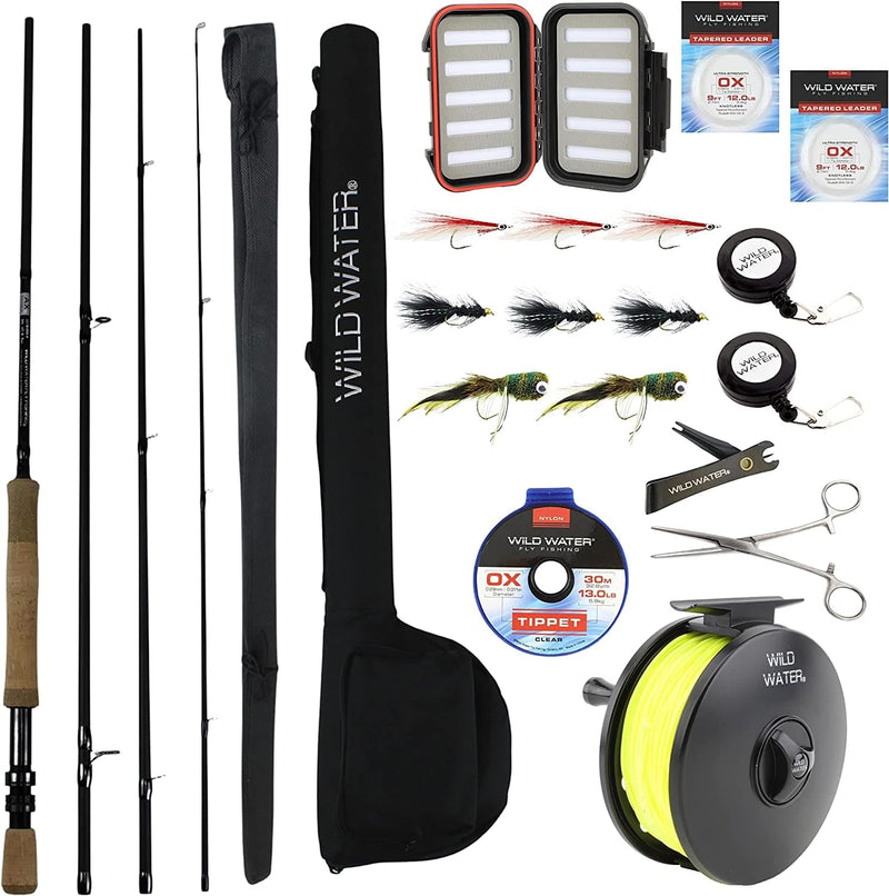 Wild Water Fly Fishing 9 Foot, 4-Piece, 9/10 Weight Fly Rod Deluxe Complete Fly Fishing Rod and Reel Combo Starter Package with Freshwater Flies