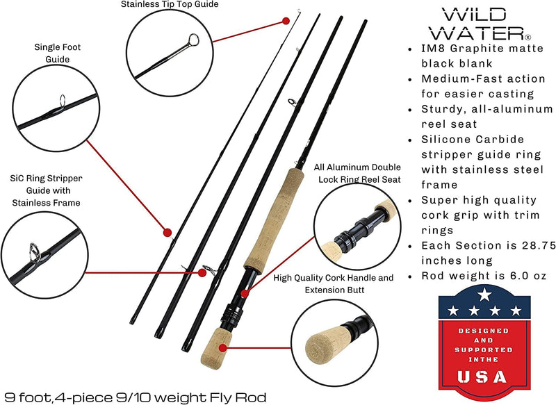 Wild Water Fly Fishing 9 Foot, 4-Piece, 9/10 Weight Fly Rod Deluxe Complete Fly Fishing Rod and Reel Combo Starter Package with Freshwater Flies Sporting Goods > Outdoor Recreation > Fishing > Fishing Rods Wild Water   