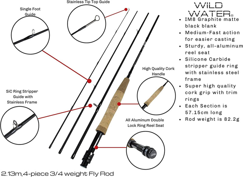 Wild Water Standard Fly Fishing Combo Starter Kit, 3 or 4 Weight 7 Foot Fly Rod, 4-Piece Graphite Rod with Cork Handle, Accessories, Die Cast Aluminum Reel, Carrying Case, Fly Box Case & Fishing Flies Sporting Goods > Outdoor Recreation > Fishing > Fishing Rods Wild Water   