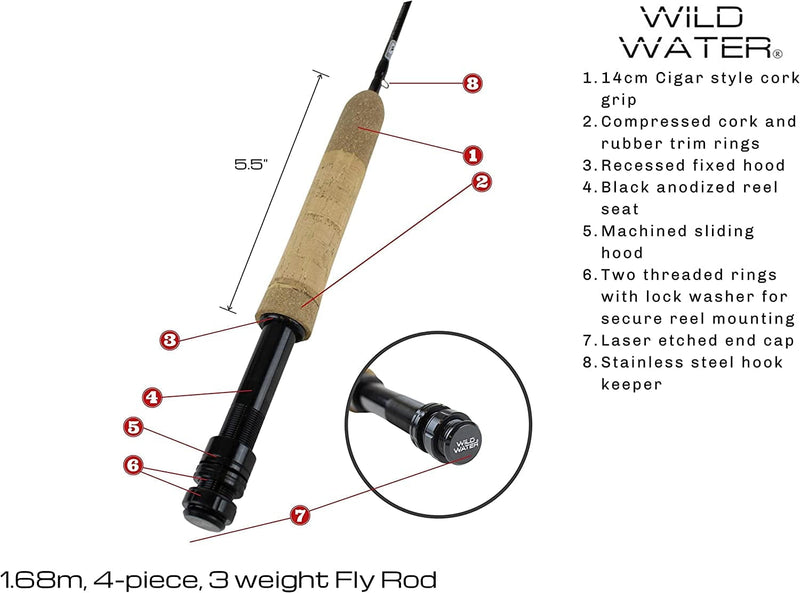 Wild Water Standard Fly Fishing Combo Starter Kit, 5 Foot 6 Inch Graphite Rod, 3-Weight, 4-Piece Fly Rod Kit, Includes Die Cast Aluminum Reel, Fly Box, Flies and Hard Tube Case with Pouch Sporting Goods > Outdoor Recreation > Fishing > Fishing Rods Wild Water   