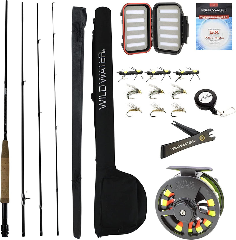 Wild Water Standard Fly Fishing Combo Starter Kit, 5 or 6 Weight 9 Foot Fly Rod, 4-Piece Graphite Rod with Cork Handle, Accessories, Die Cast Aluminum Reel, Carrying Case, Fly Box Case & Fishing Flies