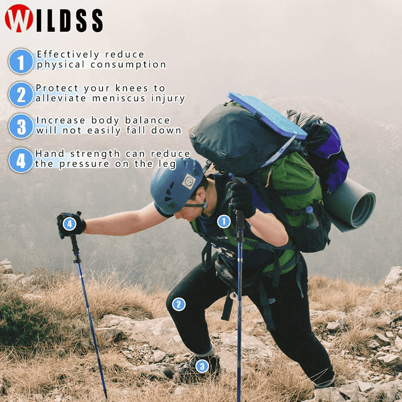 Wildss Hiking Poles - Collapsible Trekking Poles - Adjustable Lightweight Walking Stick for Hiking - with Quick Lock System - for Hiking Men Women Child Elderly(Blue)